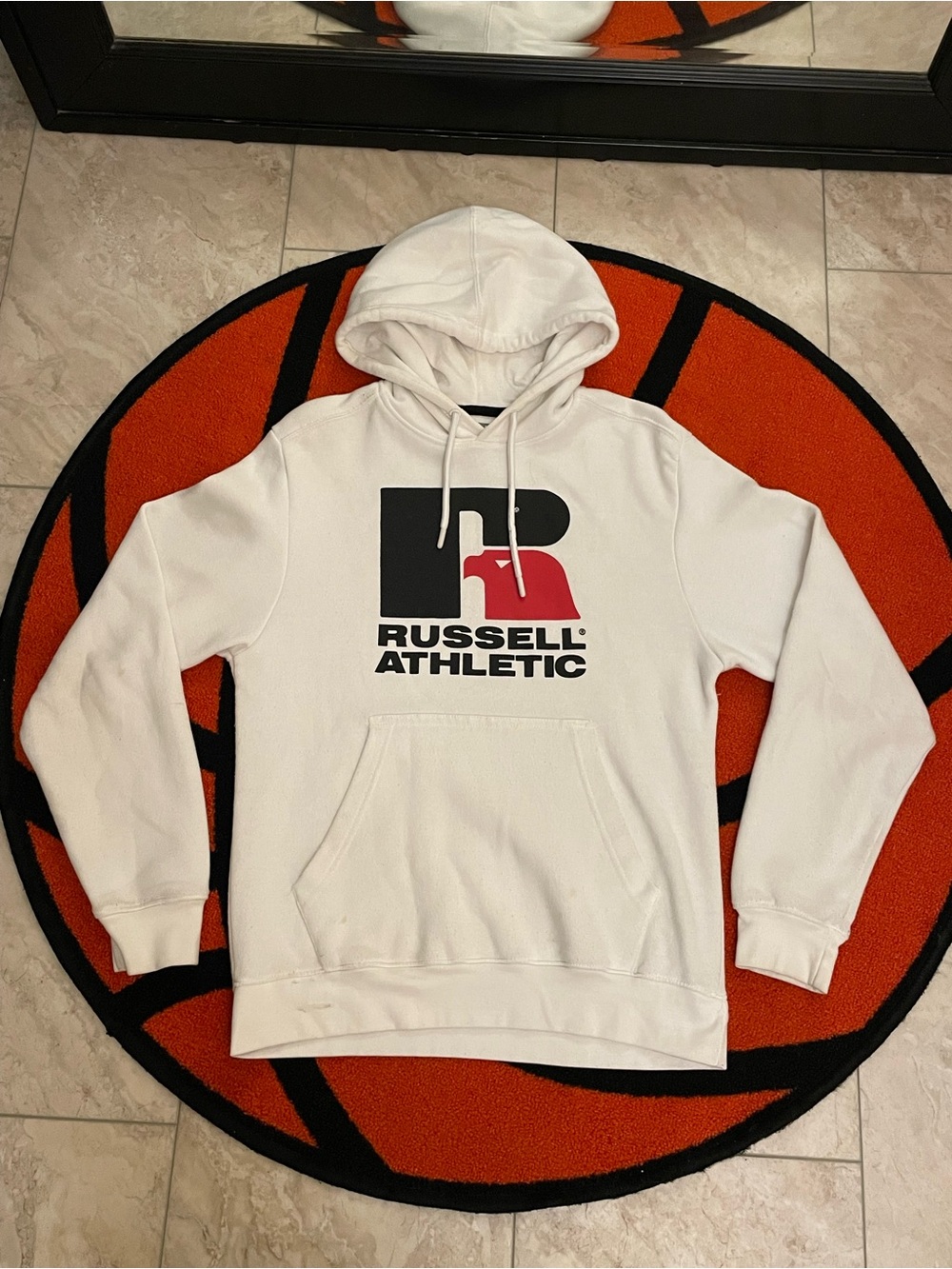 👟Russell Athletic White Hoodie with Black and Red Logo📈 -Size Small